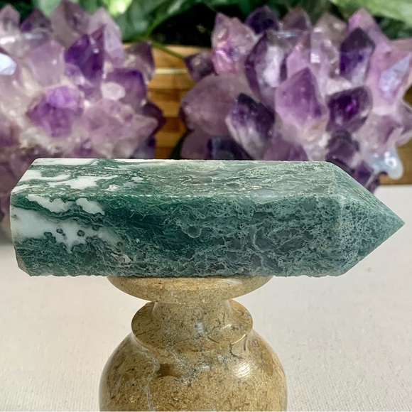 Moss Agate Crystal Tower Obelisk Energy Generator Chakra Healing Stone Wand 3.5" - Picture 11 of 14